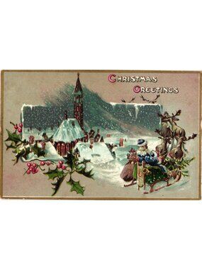Vintage 1910 Tucks Christmas Greetings Postcard Santa Sleigh Winter Scene Posted
